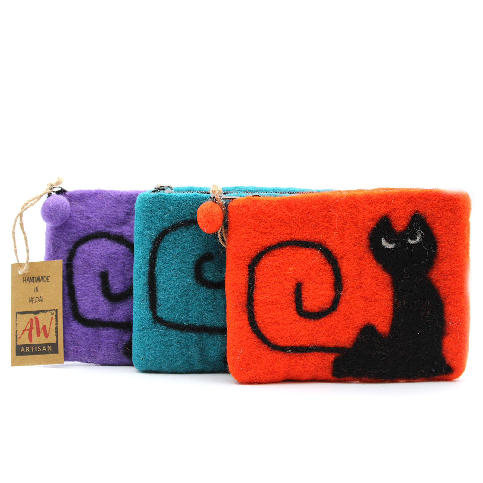 Natural Felt Zipper Pouch (asst) - Black Cat - Image 2