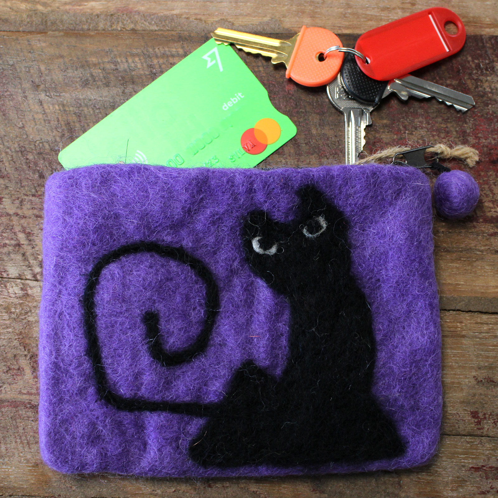 Natural Felt Zipper Pouch (asst) - Black Cat - Image 4