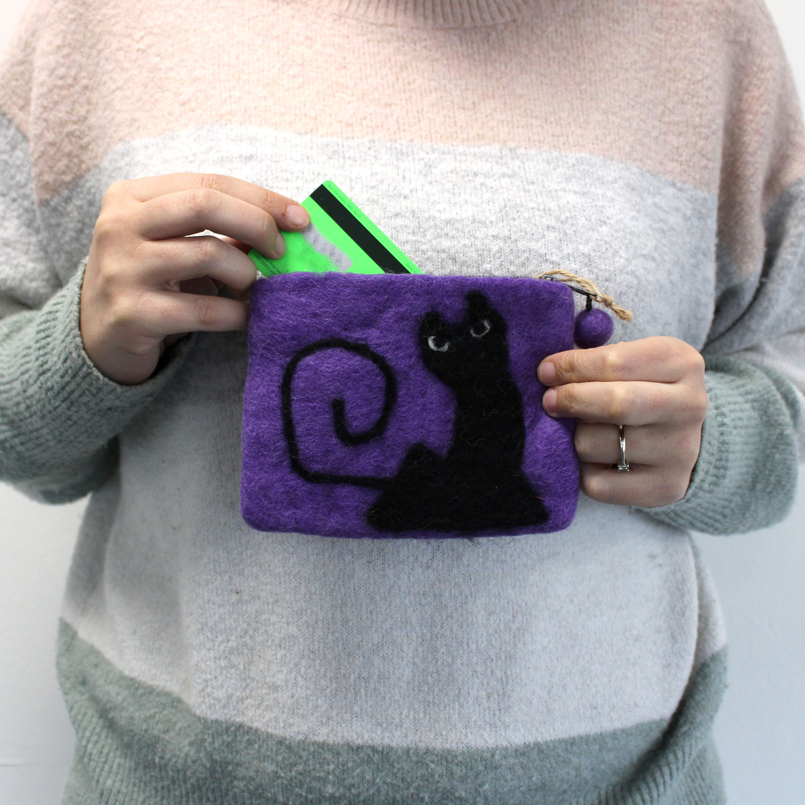 Natural Felt Zipper Pouch (asst) - Black Cat - Image 7