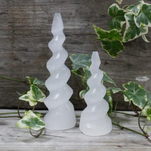 Selenite Spiral Unicorn Horn Tower – 10 cm