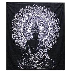 B&W Double Cotton Bedspread + Wall Hanging – Buddha