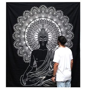 B&W Double Cotton Bedspread + Wall Hanging – Buddha