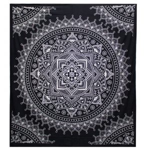 B&W Double Cotton Bedspread + Wall Hanging – Lotus Flower