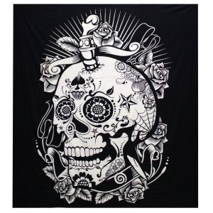 B&W Double Cotton Bedspread + Wall Hanging – Rose Skull