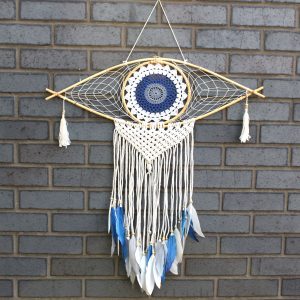 Protection Dream Catcher  – Lrg Macrame Evil Eye White/ Blue/Grey