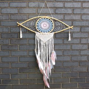 Protection Dream Catcher – Lrg Macrame Eye Blue/ White/Pink