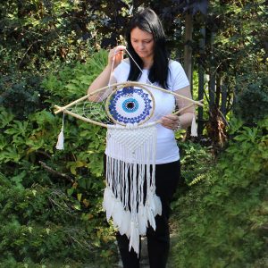 Protection Dream Catcher – Lrg Macrame Eye Blue/ White/Pink
