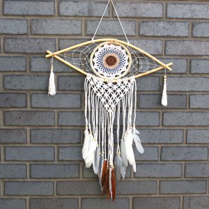 Protection Dream Catcher – Med Macrame Evil Eye White/ Grey/Brown