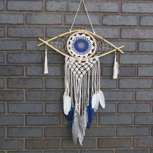 Protection Dream Catcher – Med Macrame Evil Eye White/ Blue/Grey