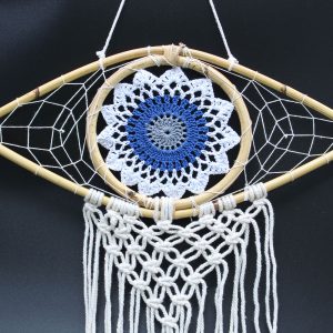 Protection Dream Catcher – Med Macrame Evil Eye White/ Blue/Grey