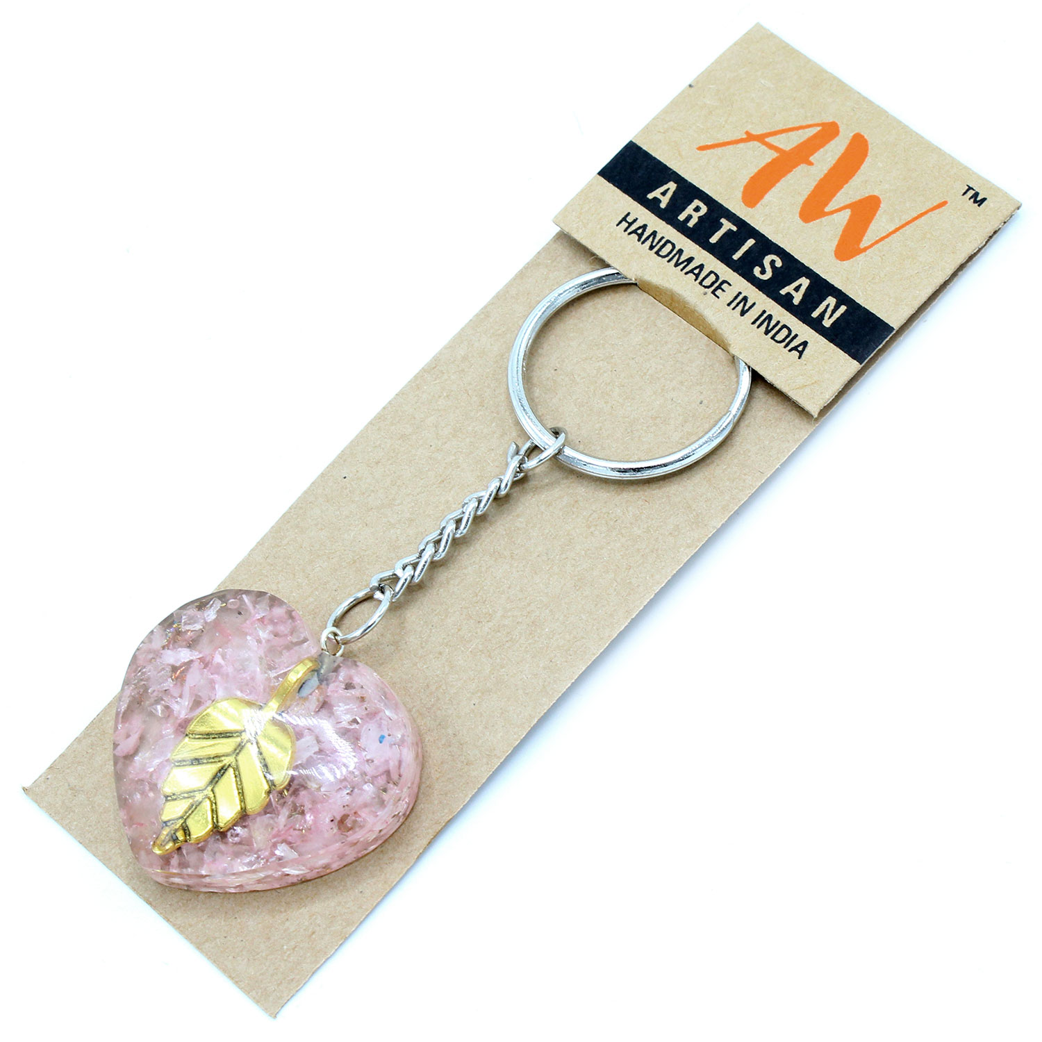 Orgonite Power Keyring - Rose Quartz Heearts Golden Leaf - Image 4