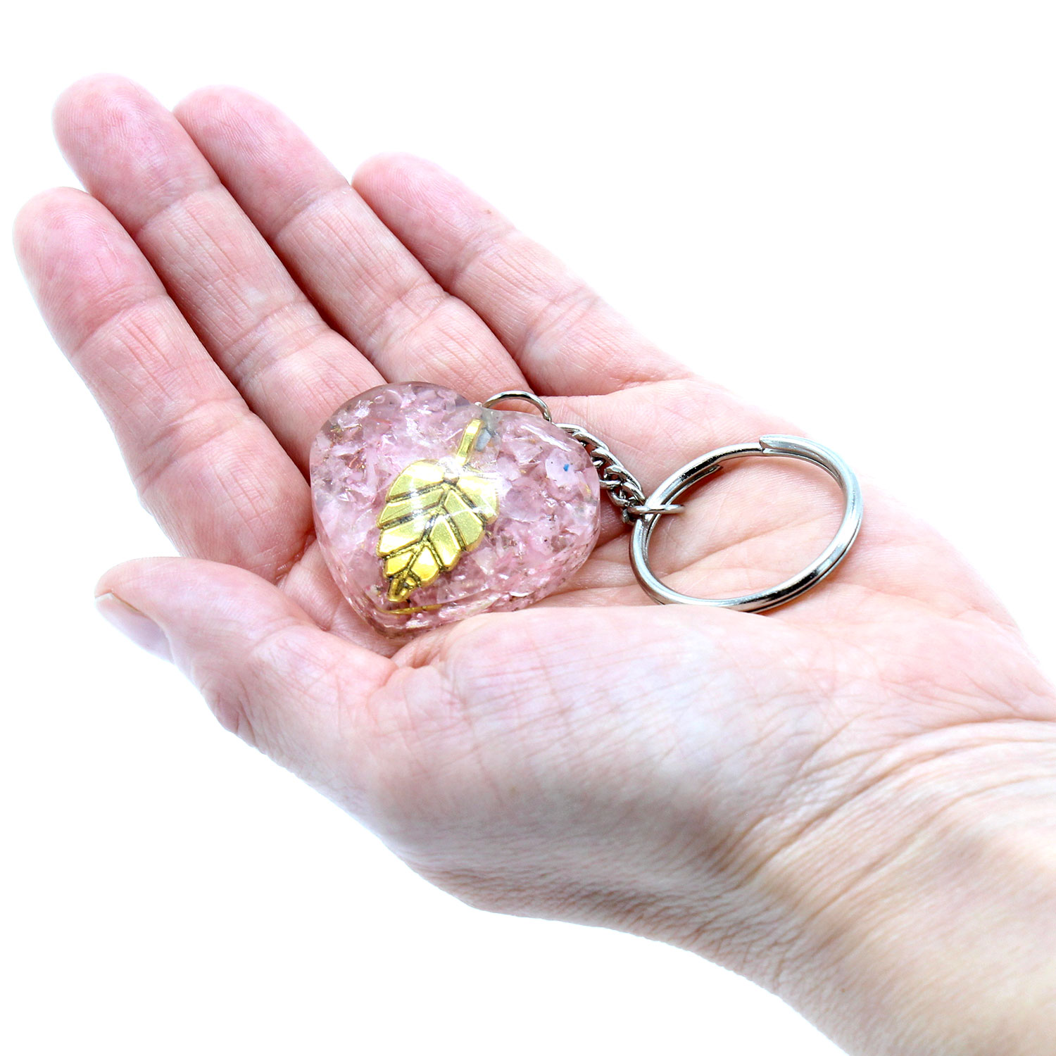 Orgonite Power Keyring - Rose Quartz Heearts Golden Leaf - Image 3