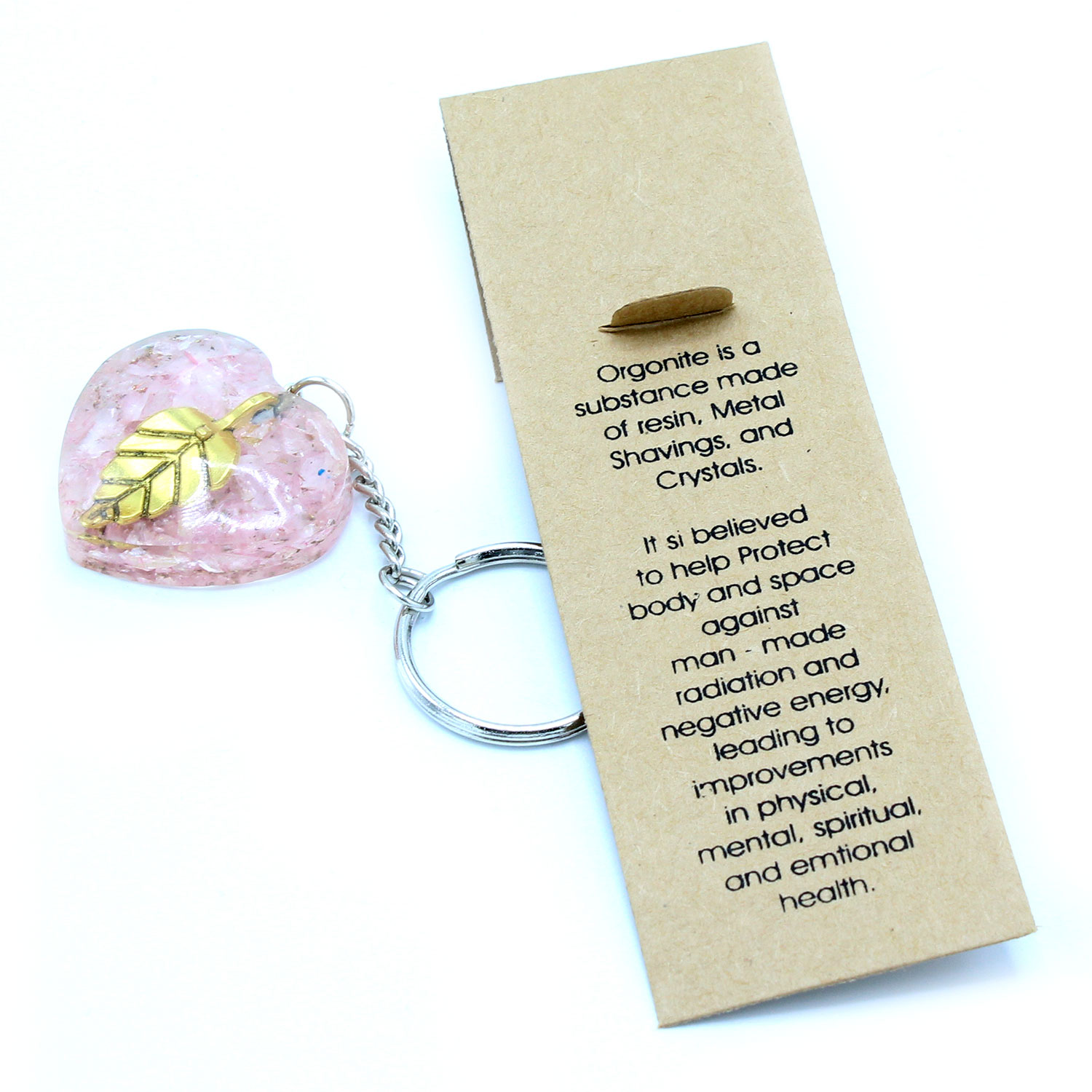 Orgonite Power Keyring - Rose Quartz Heearts Golden Leaf - Image 2