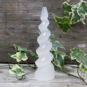 Selenite Spiral Unicorn Horn Tower – 15 cm