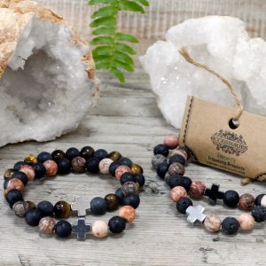 Set of 2 Gemstones Friendship Bracelets – Eternity – Leopard Skin Jasper & Lava Stone