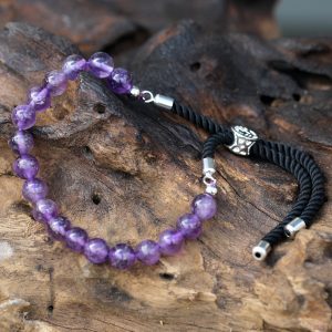 925 Silver Plated Gemstone Black String Bracelet – Amethyst