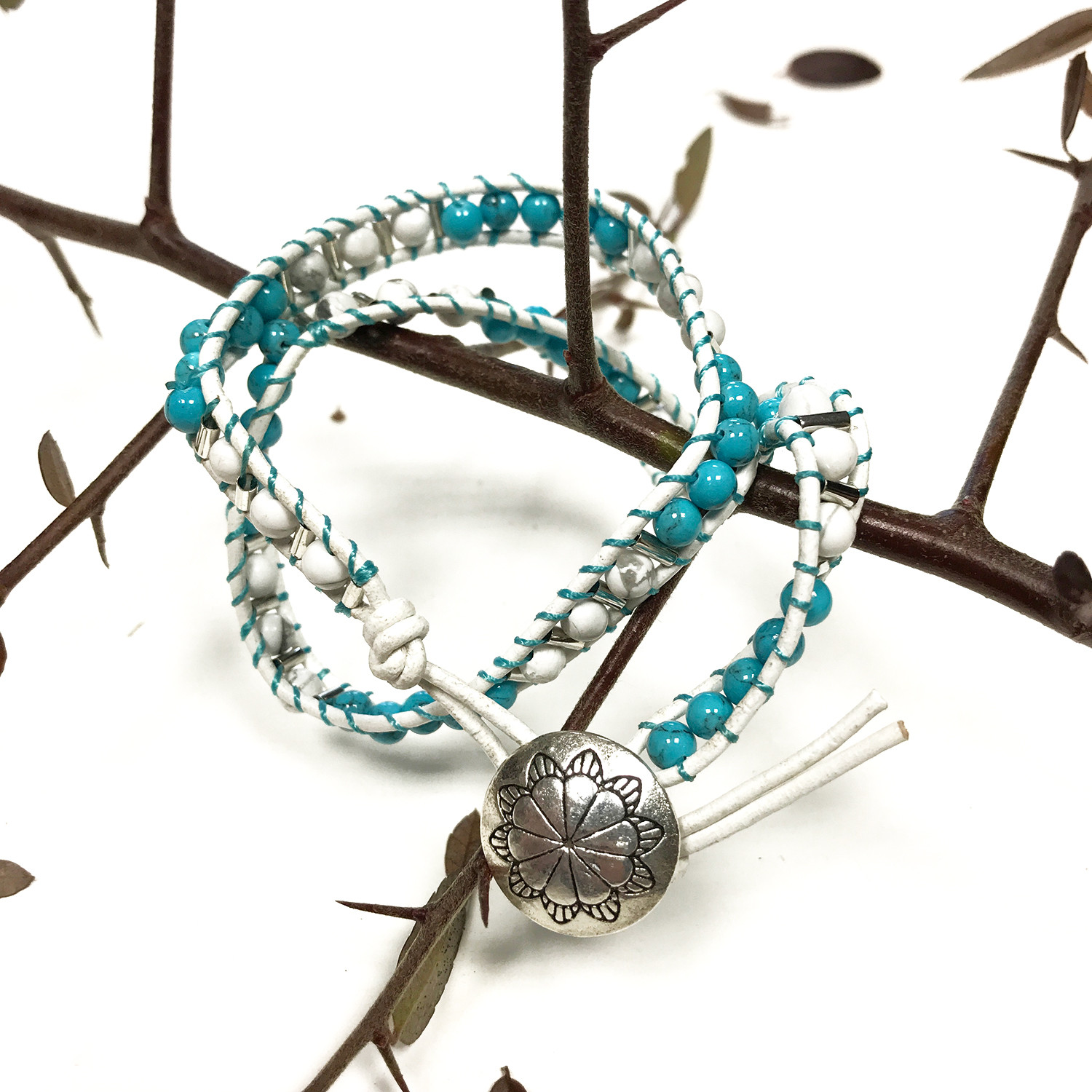 Double Wrap Bracelet - Turquoise & White Agate - Image 2