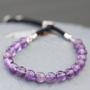 925 Silver Plated Gemstone Black String Bracelet – Amethyst