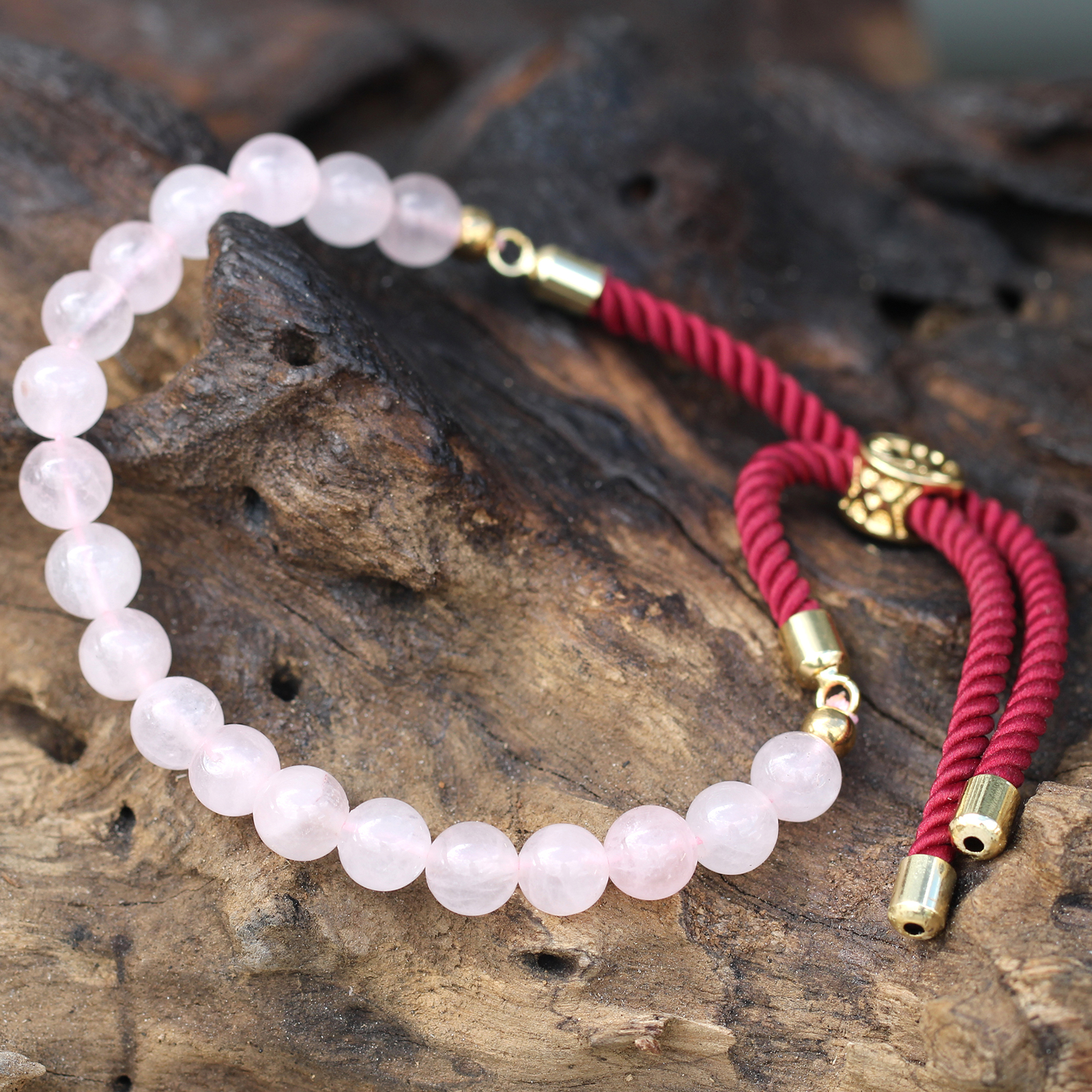18K Gold Plated Gemstone Bordeaux String Bracelet - Rose Quartz - Image 2